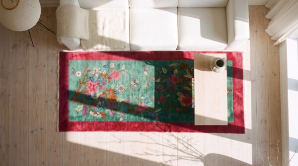 Antique teal seafoam green color chinese deco scatter size small rug (sku 24489) - styled overhead view