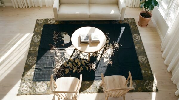 Antique textile chinese allover floral knotted rug (sku 24584) - styled overhead view