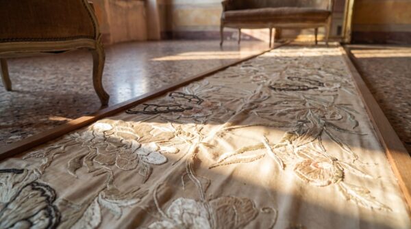 Antique textile chinese allover ivory beige cream white 1850s rug 9 Antique textile chinese allover ivory beige cream white 1850s rug (sku 24533) - in-room detail