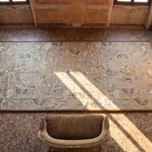 Antique Textile Chinese Allover Ivory Beige Cream White 1850s Rug (SKU 24533) - styled overhead view