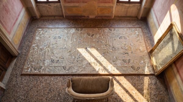 Antique textile chinese allover ivory beige cream white 1850s rug 2 Antique textile chinese allover ivory beige cream white 1850s rug (sku 24533) - styled overhead view