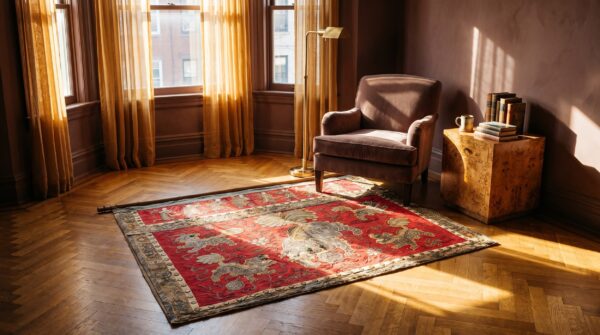 Antique textile chinese allover red 1925 square rug 8 Antique textile chinese allover red 1925 square rug (sku 24540) - room view