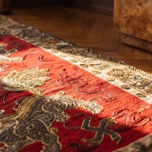 Antique Textile Chinese Allover Red 1925 Square Rug (SKU 24540) - in-room detail
