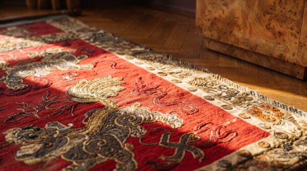 Antique textile chinese allover red 1925 square rug 9 Antique textile chinese allover red 1925 square rug (sku 24540) - in-room detail