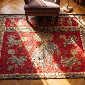 Antique Textile Chinese Allover Red 1925 Square Rug (SKU 24540) - styled overhead view