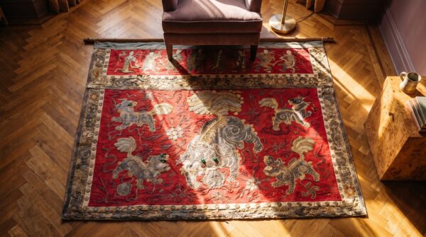 Antique textile chinese allover red 1925 square rug 2 Antique textile chinese allover red 1925 square rug (sku 24540) - styled overhead view