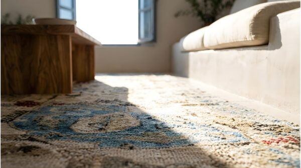 Antique textile persian knotted square rug 8 Antique textile persian knotted square rug (sku 25233) - in-room detail