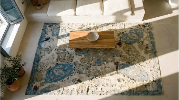 Antique textile persian knotted square rug 2 Antique textile persian knotted square rug (sku 25233) - styled overhead view