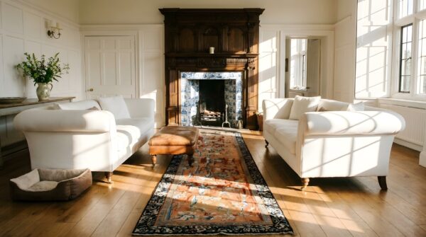 Antique textile small scatter size wool coral rug (sku 23944) - room view