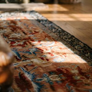 Antique Textile Small Scatter Size Wool Coral Rug (SKU 23944) - in-room detail