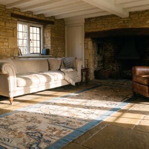 Antique Textile Small Scatter Size Silk & Metallic Thread Brown Earth Tone, Red Rug (SKU 24535) - room view