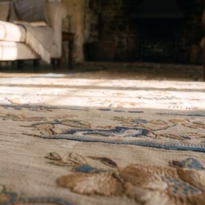 Antique Textile Small Scatter Size Silk & Metallic Thread Brown Earth Tone, Red Rug (SKU 24535) - in-room detail