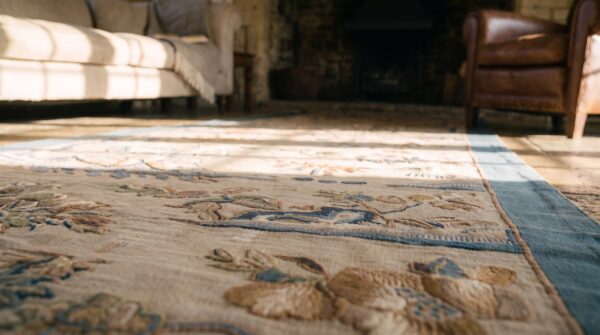 Antique textile small scatter size silk & metallic thread brown earth tone, red rug 6 Antique textile small scatter size silk & metallic thread brown earth tone, red rug (sku 24535) - in-room detail