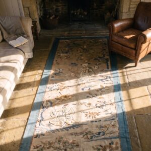 Antique Textile Small Scatter Size Silk & Metallic Thread Brown Earth Tone, Red Rug (SKU 24535) - styled overhead view