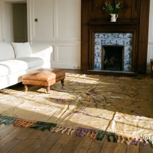 Antique Textile Small Square Scatter Size Silk Sage Rug (SKU 23865) - room view