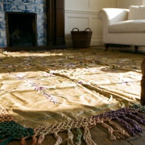 Antique Textile Small Square Scatter Size Silk Sage Rug (SKU 23865) - in-room detail