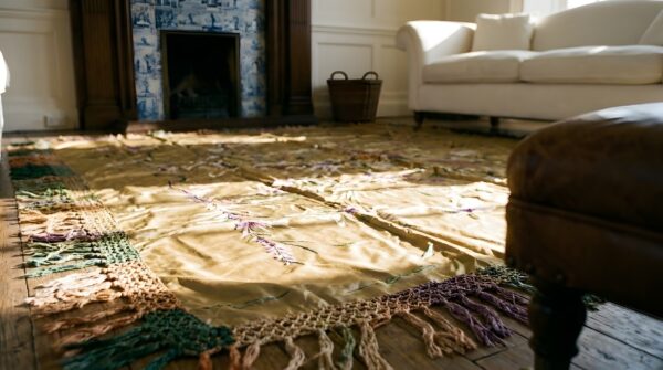 Antique textile small square scatter size silk sage rug 9 Antique textile small square scatter size silk sage rug (sku 23865) - in-room detail