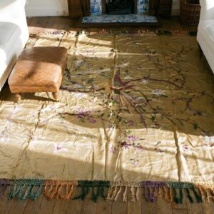 Antique Textile Small Square Scatter Size Silk Sage Rug (SKU 23865) - styled overhead view