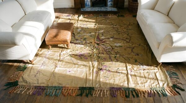 Antique textile small square scatter size silk sage rug 2 Antique textile small square scatter size silk sage rug (sku 23865) - styled overhead view