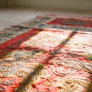 Antique Textile Square Small Scatter Size Wool Red Rug (SKU 24539) - in-room detail