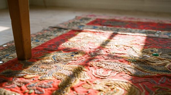 Antique textile square small scatter size wool red rug 8 Antique textile square small scatter size wool red rug (sku 24539) - in-room detail