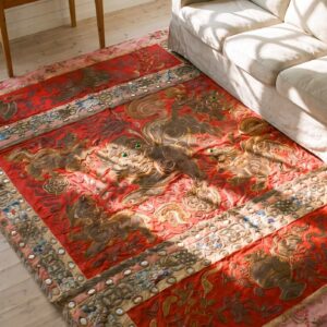 Antique Textile Square Small Scatter Size Wool Red Rug (SKU 24539) - styled overhead view