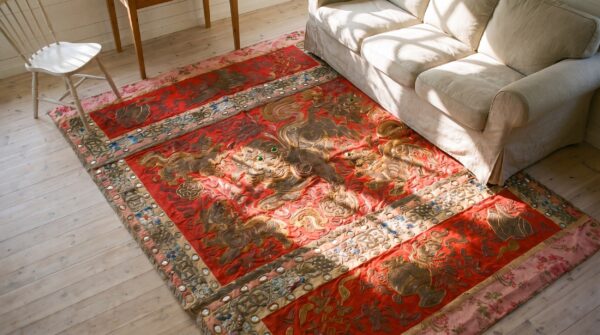 Antique textile square small scatter size wool red rug 2 Antique textile square small scatter size wool red rug (sku 24539) - styled overhead view