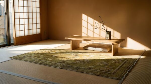 Antique tibetan chinese floral knotted yellow rug 9 Antique tibetan chinese floral knotted yellow rug (sku 23902) - room view