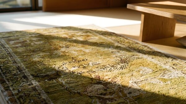 Antique tibetan chinese floral knotted yellow rug 10 Antique tibetan chinese floral knotted yellow rug (sku 23902) - in-room detail