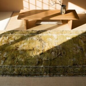 Antique Tibetan Chinese Floral Knotted Yellow Rug (SKU 23902) - styled overhead view