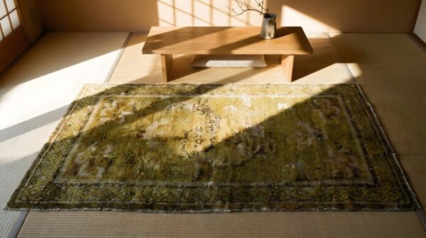 Antique tibetan chinese floral knotted yellow rug 2 Antique tibetan chinese floral knotted yellow rug (sku 23902) - styled overhead view