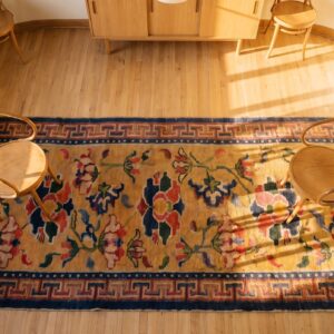 Antique Tibetan Chinese Geometric Knotted Yellow Hallway Runner Rug (SKU 24544) - styled overhead view