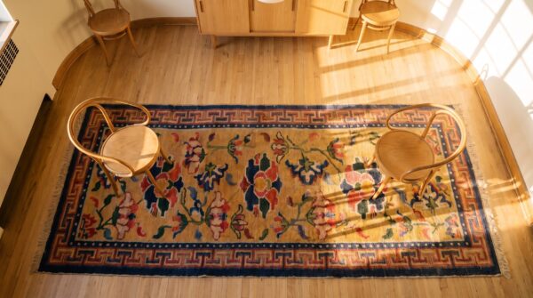 Antique tibetan chinese geometric knotted yellow hallway runner rug (sku 24544) - styled overhead view