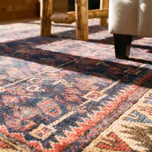 Antique Tribal Hand Knotted Wool Pile Allover Geometric Blue Persian Baluch Rug (SKU 25286) - in-room detail