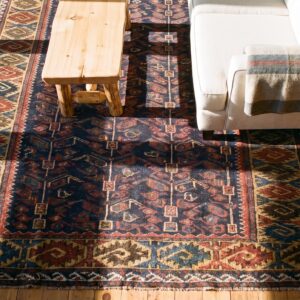 Antique Tribal Hand Knotted Wool Pile Allover Geometric Blue Persian Baluch Rug (SKU 25286) - styled overhead view