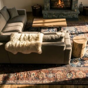 Tribal Allover Pattern Antique Blue Room Size Persian Sultanabad Rug (SKU 23253) - styled overhead view