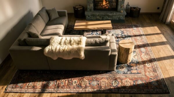 Tribal allover pattern antique blue room size persian sultanabad rug (sku 23253) - styled overhead view