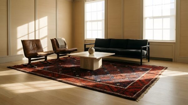 Antique tribal baluch persian geometric red color area rug 9 Antique tribal baluch persian geometric red color area rug (sku 23961) - in-room detail