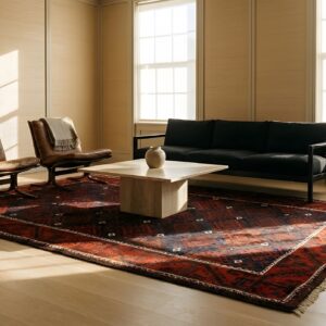 Antique Tribal Baluch Persian Geometric Red Color Area Rug (SKU 23961) - styled overhead view
