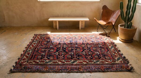 Tribal antique bold persian afshar square small coral rug 6 Tribal antique bold persian afshar square small coral rug (sku 22453) - room view