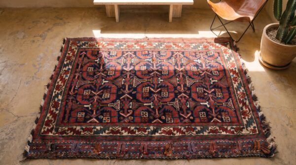 Tribal antique bold persian afshar square small coral rug 2 Tribal antique bold persian afshar square small coral rug (sku 22453) - styled overhead view