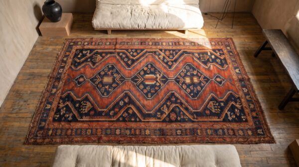 Tribal antique hand knotted wool pile caucasian kazak coral rug 2 Tribal antique hand knotted wool pile caucasian kazak coral rug (sku 17632) - styled overhead view