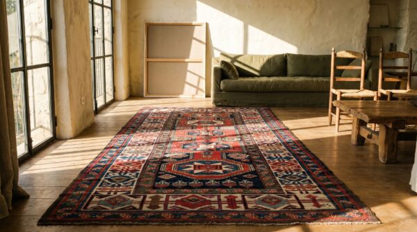 Antique tribal caucasian kuba key hole design blue 1880's rug 6 Antique tribal caucasian kuba key hole design blue 1880's rug (sku 19753) - room view