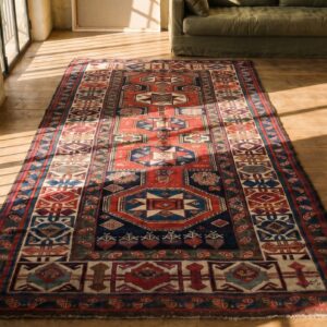 Antique Tribal Caucasian Kuba Key Hole Design Blue 1880's Rug (SKU 19753) - styled overhead view