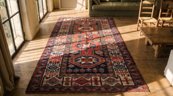 Antique tribal caucasian kuba key hole design blue 1880's rug 2 Antique tribal caucasian kuba key hole design blue 1880's rug (sku 19753) - styled overhead view