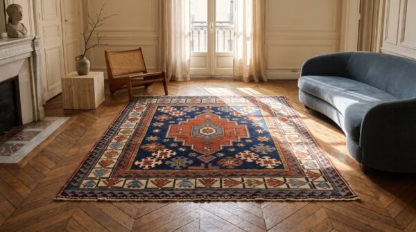 Antique tribal caucasian hand knotted square rug - small scatter size (sku 20820) - room view