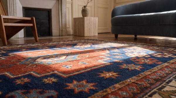 Antique tribal caucasian hand knotted square rug - small scatter size (sku 20820) - in-room detail