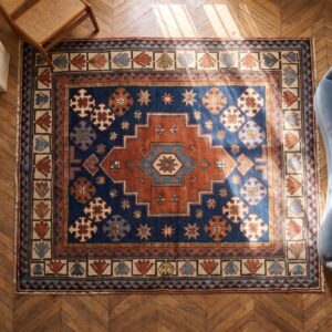 Antique Tribal Caucasian Hand Knotted Square Rug - Small Scatter Size (SKU 20820) - styled overhead view