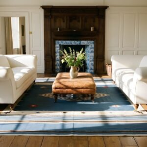 Antique Tribal Chimayo Mexico Geometric Medallion Flat Weave Kilim Rug (SKU 23785) - room view
