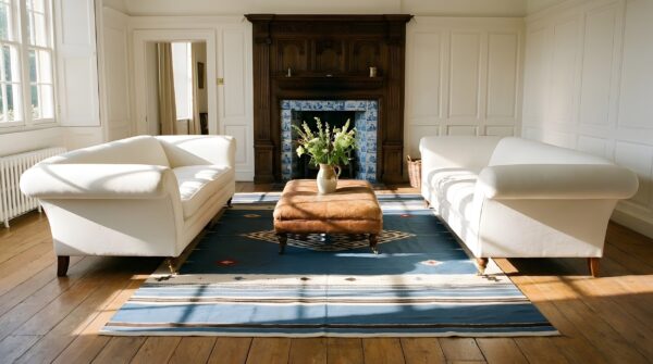 Antique tribal chimayo mexico geometric medallion flat weave kilim rug 7 Antique tribal chimayo mexico geometric medallion flat weave kilim rug (sku 23785) - room view